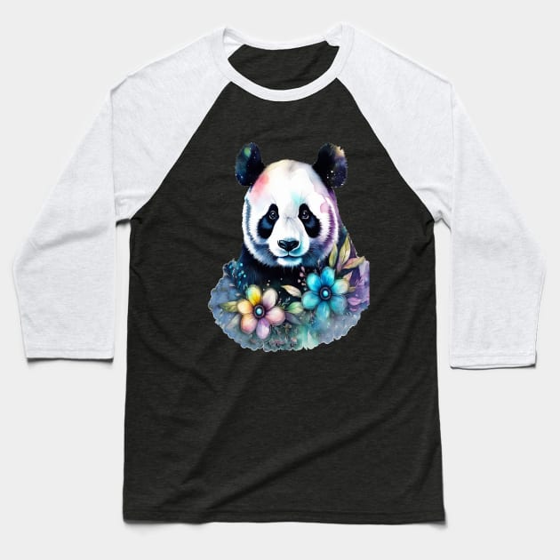 Fantasy, Watercolor, Panda Bear With Flowers and Butterflies Baseball T-Shirt by BirdsnStuff